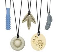 CLDY Lot de 5 Colliers Sensoriels à Mâcher - Anneaux de Dentition Sans BPA pour Enfants Autistes, TDAH, Tout-Petits et Adultes (6-11 ans) - Silicone Alimentaire - Motifs Licorne, Plume, Bloc