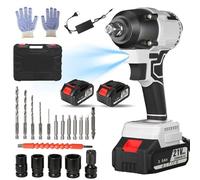 Clé à Chocs Sans Fil Brushless, 21V Electrique 3 en 1 Visseuse avec 2 Batteries, Couple Maximal 380Nm, avec 3 Douilles à Chocs,Lumière LED, 2500 RPM, 39pcs Accessoires pour Maison/Voiture/DIY (420N.m)