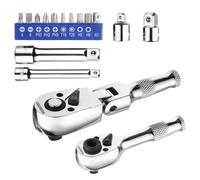 Cle a Cliquet et Jeu d'Embouts de Tournevis WORKPRO, Mini 1/4 Cle a Cliquet a Double Tete, 3/8 Cliquet Court a Tete Flexible, Rallonge 75Mm, Adaptateurs de Douille (16 Piece)