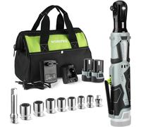 Cle a Cliquet Sans Fil 12V WORKPRO, 3/8, 55N.m, 2 Batteries de 2,0 Ah, Charge Rapide en 1 Heure, Cle a Cliquet Electrique avec Lumiere LED et 9 Accessoires et Sac de Rangement