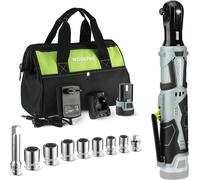 Clé à Cliquet Sans Fil 12V WORKPRO, 3/8'', 55N.m, Charge Rapide en 1 Heure, 1 Batterie de 2,0 Ah, Clé à Cliquet Electrique avec Lumière LED et 9 Accessoires et Sac de Rangement