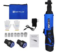 Clé à Cliquet Sans fil Electrique, DayPlus, Angle 90, 12V 3-8 INCH 40 N.m + 2x 1500mAh Batteries, 7 Douille