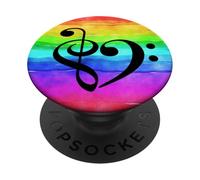 Clé de Sol et de Basse en Forme de cœur avec Aquarelle et Vagues Arc-en-Ciel PopSockets PopGrip Adhésif