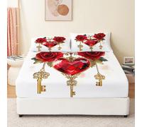 Clé Romantique en Forme Coeur Drap Housse en Microfibre à imprimé Rouge Or Housse de Matelas Respirant Antidérapants Résistant aux Rides 160 x 200 cm, Drap Housse pour Matelas de 30 cm d'épaisseur