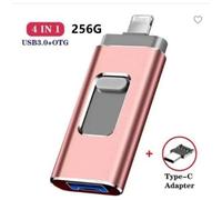Clé USB 3.0 256 Go 4 en 1 Compatible pour iPhone Flash Drive avec Connecteur Extension de Stockage Mémoire Stick iOS OTG Andriod Or