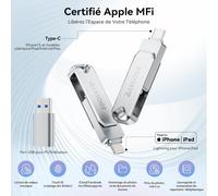 Cle Usb C 128 Go Apple Certifié Mfi,Clé Usb Iphone Stockage Externe Photo Stick,Usb 3.0 Flash Drive Sauvegarde Photos Vidéos,3 En 1 Clef Usb Pour Iphone/Type C/Ipad/Android/Pc/Mac(Gris)