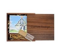Clé USB en cristal doré 64 Go et boîte en bois (17 x 17 x 3,5 cm), clé USB en verre avec lumière LED, design personnalisé pour cadeaux de photographie de mariage