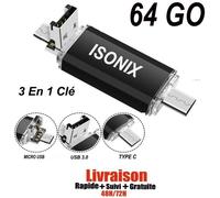 Clé USB - ISONIX - 64 Go - Micro USB, Type C, USB 3.0 - Compatible Android, Tablettes, PCs