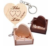 Clé USB personnalisée + boîte cadeau en bois massif avec gravure du texte au choix Cœur Amour Mariage Gravure au choix 32/64/128 Go 3.0 Idée cadeau personnalisée (érable, 64 Go 3.0)