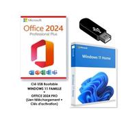 Clé USB Windows 11 FAMILLE + Office 2024 PRO | (Clés d'activation Offertes)