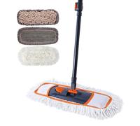CLEANHOME Lot de 3 serpillères lavables en fibre et manche long extensible (112-140 cm), serpillère pour bois dur, marbre, carrelage