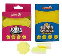 CleanRite Lot de 4 éponges multi-usages - 1 fleur super scrubby + 2 super éponges double couche (jaune ou rose) | Ne raye pas, cuisine / salle de bain / extérieur (jaune)