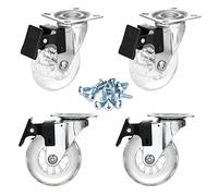Clear Caster Wheels 3 Inch Casters Set of 4 Heavy Duty, Locking Industrial Casters with 360 Degree No Noise Transparent Polyurethane Wheels, Swivel Plate Casters with Brake - Pack of 4