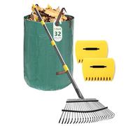 Clear n Collect Ensemble de râteau pour feuilles et pelouses, kit d'outils de jardin 3 en 1 avec grand râteau en métal à 25 dents, pelle à feuilles, griffes manuelles, sac à déchets réutilisable de