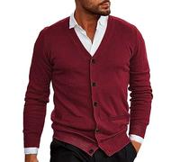 Clearance - Cardigan tricoté léger et fin à manches longues et col en V pour homme - Pull chaud décontracté uni en tricot - Couche de base - Vestes de transition, Rouge, L
