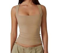 Cleargget Tank Top, Clergment Tank Top, Women's Square Neck Sleeveless Double-Layer Tank Tops, Basic Tight T Shirts (Khaki,XX_l)