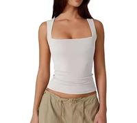 Cleargget Tank Top, Clergment Women's Square Neck Sleeveless Double-Layer Tank Tops Basic Tight Slim T Shirts Short (White,S)
