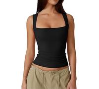 Cleargget Tank Top, Women's Padded Square Neck Basic Slim Sleeveless Double-Layer Vest (Black,M)