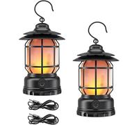 Clearhill Lot de 2 lanternes de camping rechargeables, lampe de table décorative à 2 modes, lumière LED avec crochet, intensité variable, style vintage, lampe de camping portable étanche pour