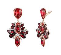 Clearine Boucles D'oreilles Clip-on Art Déco Marquise Goutte d'eau Strass Cristal Stetement Pendantes pour Femme Rouge Ton d'or