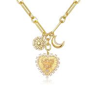 Clearine Collier en or épais pour femme - Tendance - Double amour - Cœur lune tournesol - Pendentif pour l'été - Bijou de plage - Accessoire hip hop - Cadeau clair - Ton doré