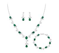 Clearine Ensemble de bijoux en zircone pour femmes mariées, collier pendentif goutte marquise pierre de naissance feuille, boucles d'oreilles, bracelet pour bal de promo