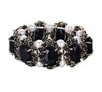 Clearine Femme Victorian Style Cristal Perle Artificielle Floral Cameo Inspiré Oval Stretching Réglable Bracelet Noir