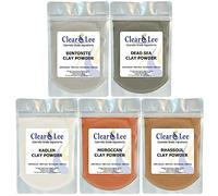 ClearLee Lot de 5 poudres d'argile de qualité cosmétique - Kaolin, Bentonite, Dead Sea, Moroccan, Rhassoul Clay - 100 % pure poudre naturelle - Idéal pour l'échantillonnage et la découverte