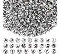 Clearlin Lot De 1500 Perles Rondes Plates En Acrylique Avec Lettres De L'alphabet Argentées, 4 X 7 Mm, Petites D'espacement Noires De L'alphabet AZ, For La Fabrication De Bijoux, Bracelets, Colliers