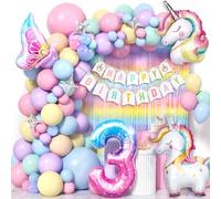 Cleboen Decoration Anniversaire Licorne 3 4 5 6 Ans, Unicorn Pastel Ballon Guirlande avec Rideau Irisé & Ballons en Aluminium, Licorne Décoration Anniversaire Fille (3 Ans)