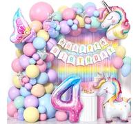 Cleboen Decoration Anniversaire Licorne 3 4 5 6 Ans, Unicorn Pastel Ballon Guirlande avec Rideau Irisé & Ballons en Aluminium, Licorne Décoration Anniversaire Fille (4 Ans)