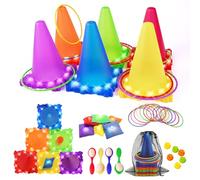 CLEMAS 35 pièces - Jeux de Lancer Lumineux 5 en 1 pour Enfants - Matériel de Jardin avec Jeu de Cornhole, Lancer d’Anneaux, Course aux œufs - Jeux d’extérieur pour Enfants, Anniversaires et fêtes