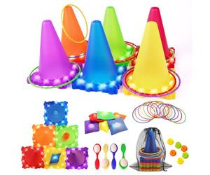 CLEMAS 35 pièces - Jeux de Lancer Lumineux 5 en 1 pour Enfants - Matériel de Jardin avec Jeu de Cornhole, Lancer d’Anneaux, Course aux œufs - Jeux d’extérieur pour Enfants, Anniversaires et fêtes
