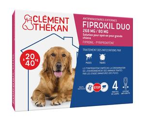 Clément Thékan Anti-Puces et Anti-Tiques pour Grand Chien (20-40kg) - Double action : Elimine les parasites & larves/oeufs Protège votre animal son environnement 4 Pipettes Spot On Pipette(S) Unidose(