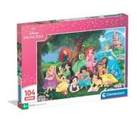 CLEMENTONI - 104 pieces Super - Disney Princess Dégradé rose avec paillettes et cadre blanc autour de l'illustration ; illustration aux couleurs vives