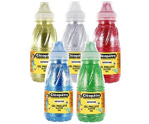 Cléopâtre - GP250x5A - Gel Pailleté - Lot de 5 Flacons 250 ml Or/Argent/Vert/Rouge/Bleu