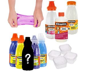 CLEOPATRE - Kit de Slime - pour fabriquer du Slime avec Colle Transparente, Colle Blanche, Produit Magique Activateur, Peintures, Paillettes, 1 Peinture Mystère, Boîtes de Rangement - Lot 8 Produits
