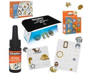 CLEOPATRE - Kit Résine UV avec Lampe - Résine UV Transparente Prête à l’Emploi, Séchage Rapide - Accessoires Paillettes Or Argent, Moule Bijoux et Noël