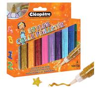 CLEOPATRE - Lot de 10 Stylos Colle Pailletés avec Embout Fin 12g - Couleurs Assorties - Loisirs Créatifs Enfants