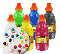 CLEOPATRE - Lot de 6 Bouteilles de Peintures Gouache de 500ml, Palette et 8 Tampons Pochoirs - Couleurs Vives Lavables - École et Loisirs Créatifs pour Enfant