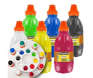 CLEOPATRE - Lot de 6 Bouteilles de Peintures Gouache de 500ml, Palette et 8 Tampons Pochoirs - Couleurs Vives Lavables - École et Loisirs Créatifs pour Enfant