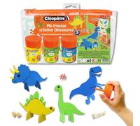 CLEOPATRE - Trousse Créative Dinosaure avec 4 Figurines 3D en Carton Épais à Décorer, 3 Pots de Gouache, Gommettes - Kit Loisirs Créatifs Dinosaure Enfants