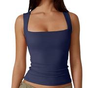 Clergment Tank Top, Women’s Square Neck Sleeveless Double-Layer Slim Fit Shirt, Basic Stretch Tight Tank (Grand,#15)
