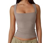Clergment Tank Top, Women’s Square Neck Sleeveless Double-Layer Slim Fit Shirt, Basic Stretch Tight Tank (Grand,#2)