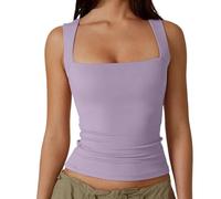 Clergment Tank Top, Women’s Square Neck Sleeveless Double-Layer Slim Fit Shirt, Basic Stretch Tight Tank (S,#1)