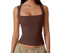 Clergment Tank Top, Women’s Square Neck Sleeveless Double-Layer Slim Fit Shirt, Basic Stretch Tight Tank (Grand,#3)