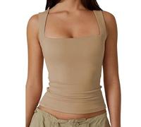 Clergment Tank Top, Women’s Square Neck Sleeveless Double-Layer Slim Fit Shirt, Basic Stretch Tight Tank (TP,#8)