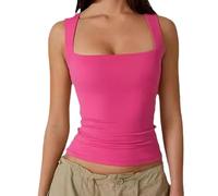 Clergment Tank Top, Women’s Square Neck Sleeveless Double-Layer Slim Fit Shirt, Basic Stretch Tight Tank (TG,#9)