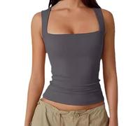 Clergment Tank Top, Women’s Square Neck Sleeveless Double-Layer Slim Fit Shirt, Basic Stretch Tight Tank (TG,#10)