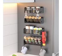 CLESOO Étagère Réfrigérateur Magnétique, 4 Pièces Étagère à Épices Murale avec Paquets d'aimants Mobiles, Rangement Cuisine avec 2 Support en Spirale et 8 Crochets, Porte-Épices Multifonctionnel Noir
